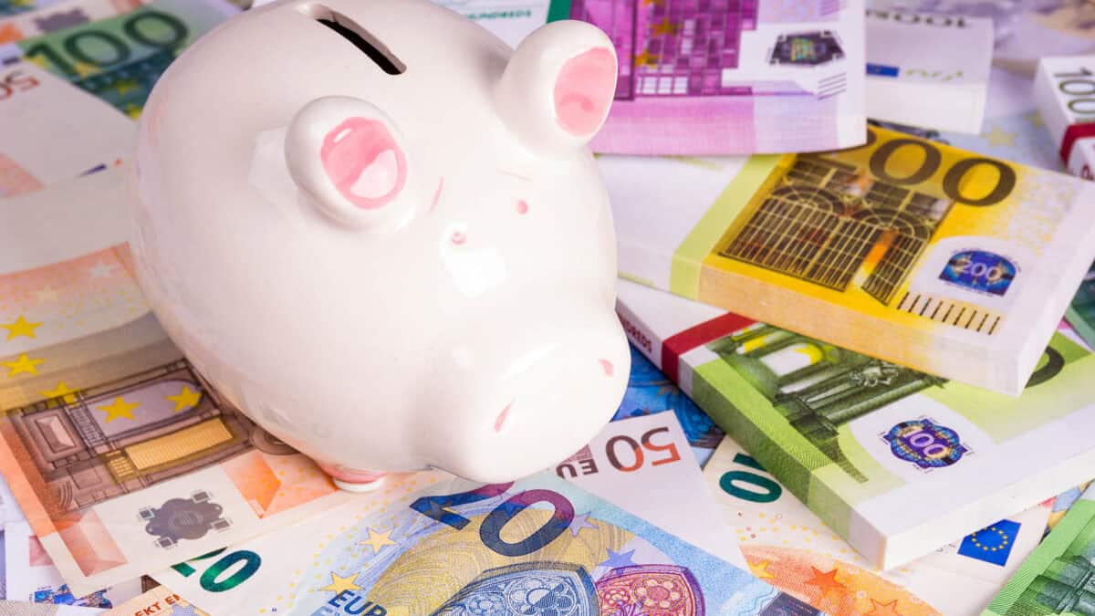 Pink piggy bank on money, euros bills.