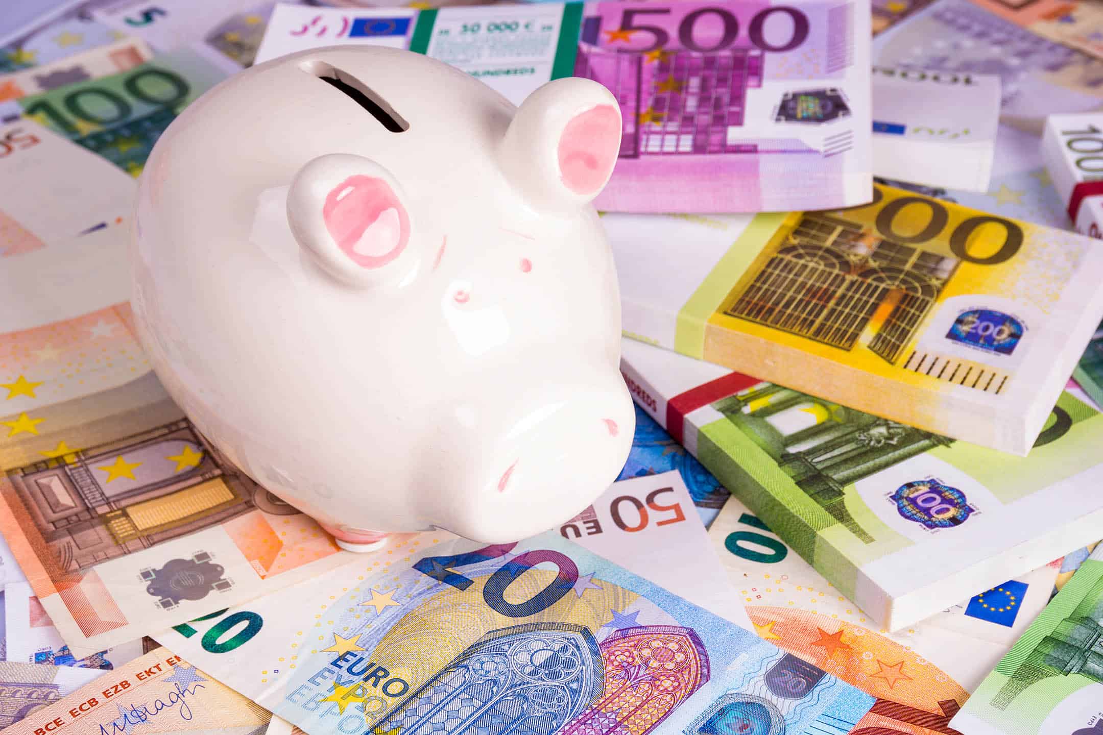 Pink piggy bank on money, euros bills.